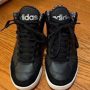Women’s Size 7 adidas Black High-Top Sneakers with White Soles & Leopard Accent